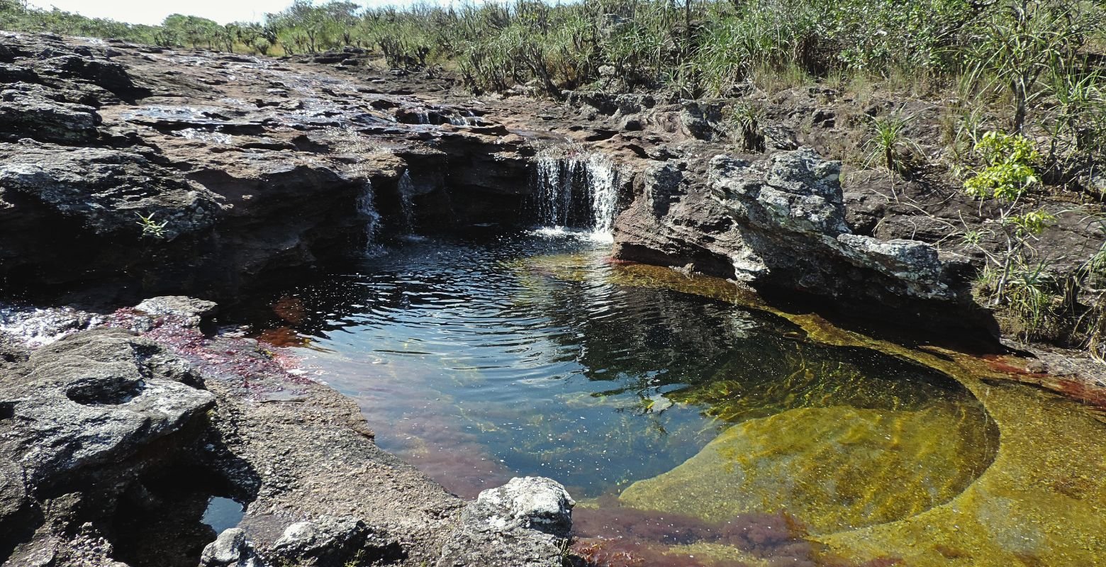 Pozo natural de Caño Cristales con aguas cristalinas y Macarenia clavigera sobre formaciones rocosas del Escudo Guayanés.