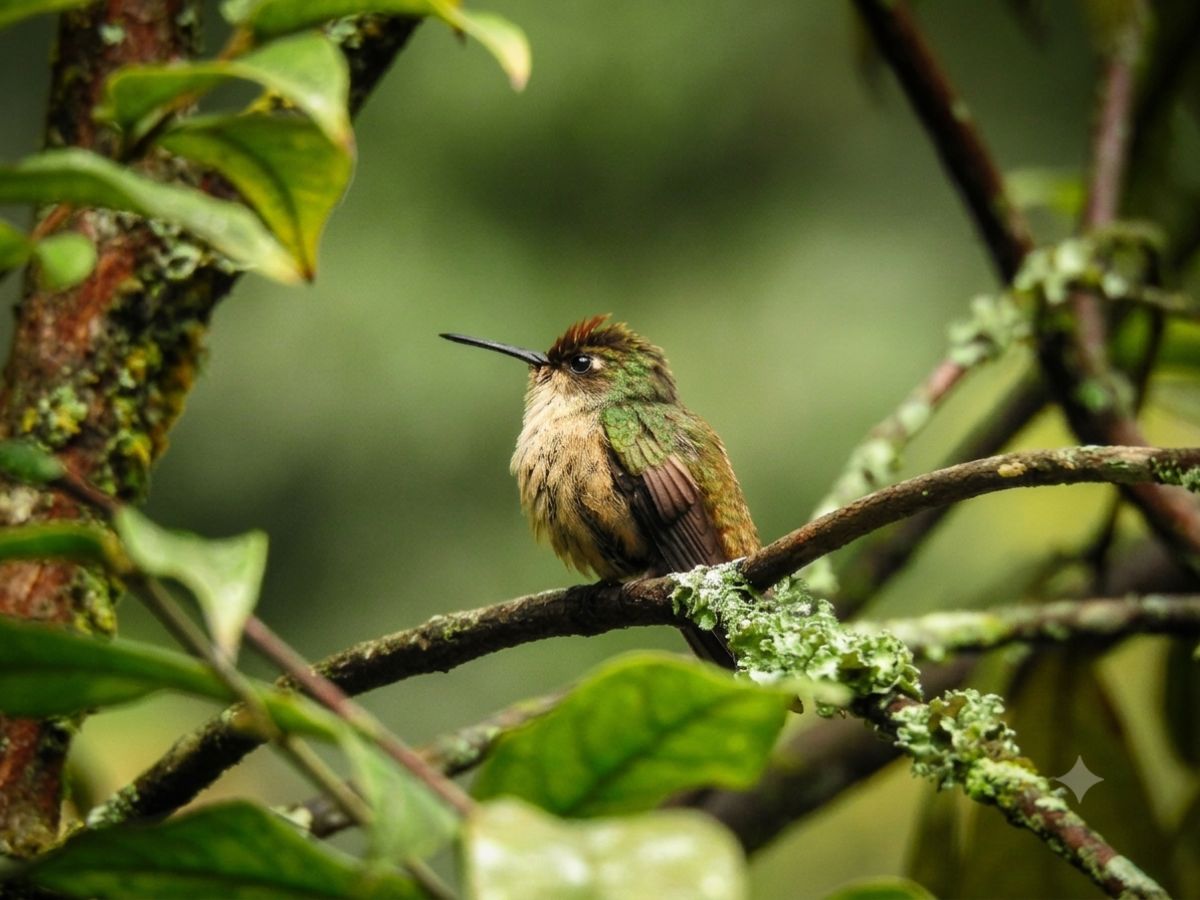 Tolima Blossomcrown (Anthocephala berlepschi), an endemic hummingbird of Colombia, perched in Andean forest habitat and sought after by birdwatchers visiting Colombia birding tours.